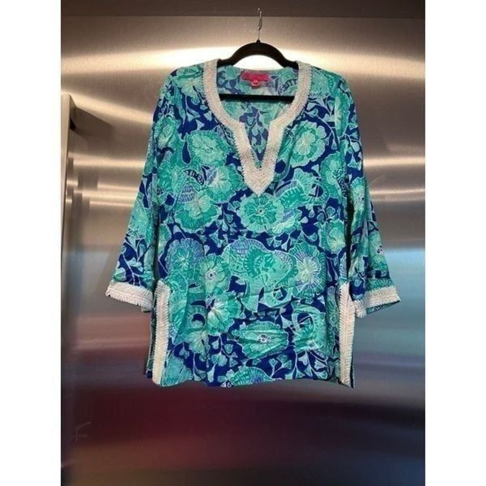 New Lilly Pulitzer Renato Tunic Agate Green Mint To Be Sequin Blue Floral Large